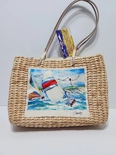 Sun N Sand Wicker Woven Handbag Pocketbook Sailboats Birds Coast