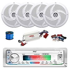 Pyle BT Marine Receiver, BT Amp w/Kit, 4X 5.25" 180W Speakers White w/ Wire