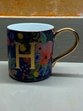 Rifle Paper Co. Anthropologie Floral Monogram Coffee Mug Letter H 3 1/2 in tall