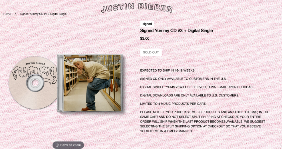 JUSTIN BIEBER OFFICIAL SIGNED AUTOGRAPHED YUMMY #3 CD SINGLE RARE