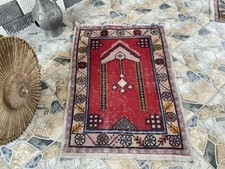 Vintage Turkish Oushak Prayer Rug  2x3 ft  Hand-Knotted Wool Anatolian Tribal