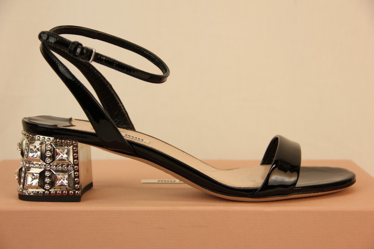 MIU MIU Prada Black Patent Leather Crystals Jeweled Heel