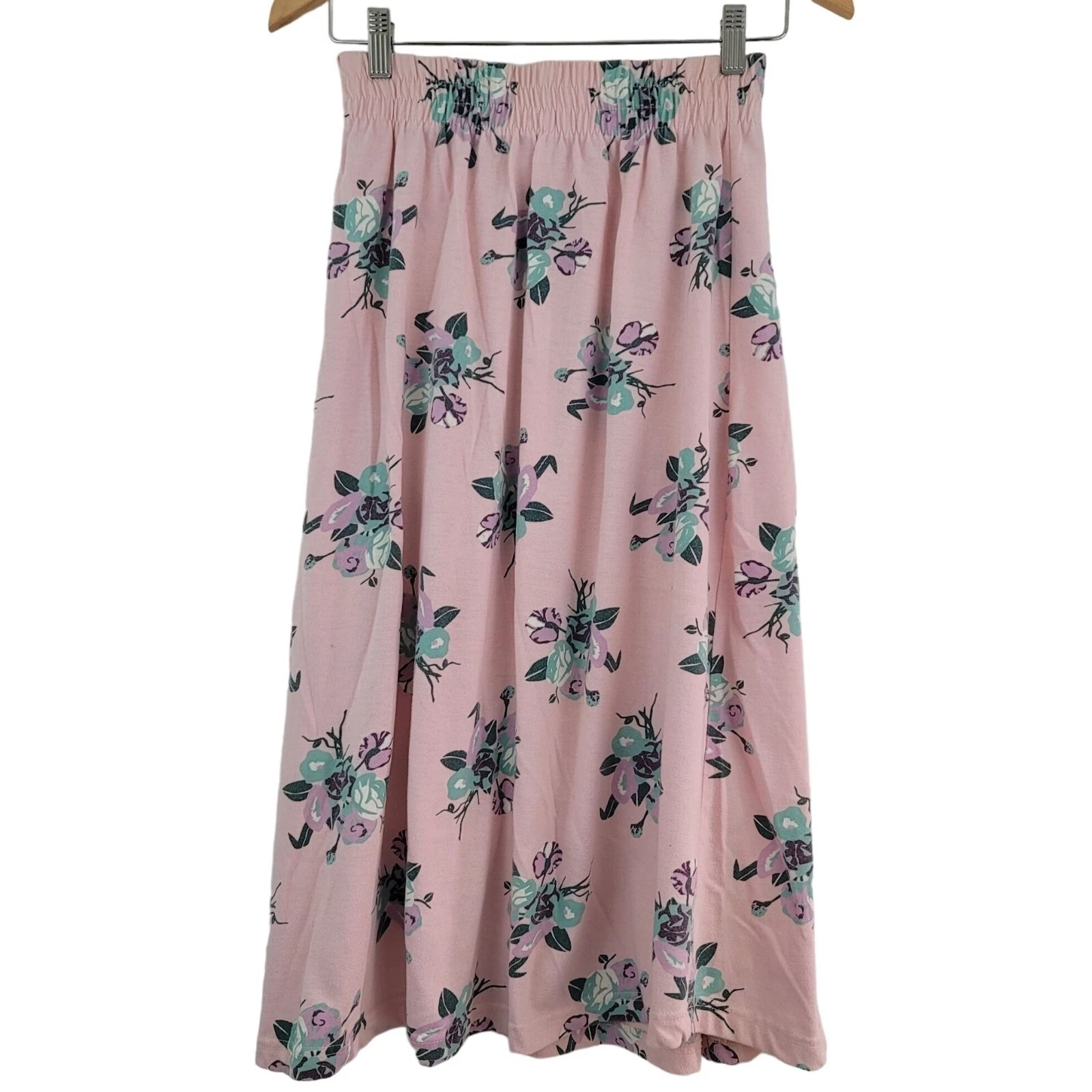 Vintage Gina Peters Midi Skirt Sz S Pink Floral Elastic Waist Casual Summer USA