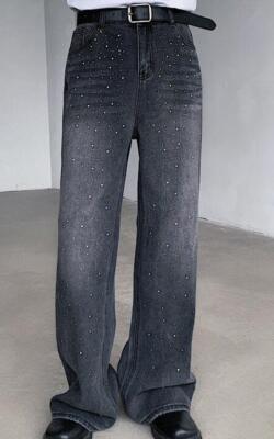 Men's Clean Fit Rhinestones Jeans Stylish Slim Stretch Denim Wide-leg pants