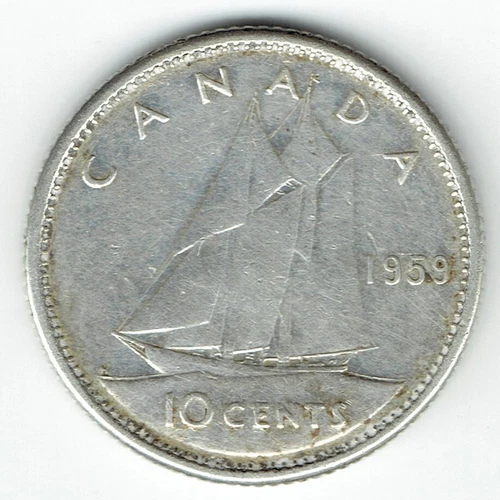 1959 10 Cents - Elizabeth II Facing Right .800 Slver Bluenose Schooner KM #51