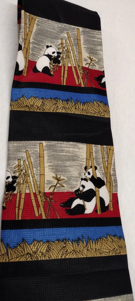 PANDAS GIGANTE PANDA CORBATA DE SEDA PANDAS BAMBÚ VINTAGE AÑOS 90 HECHA A MANO SEDA PURA Foto 4 de 4