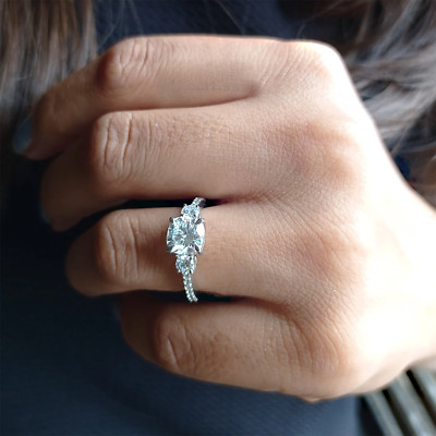 3-Stone Half ET Simulated Diamond Ring 2.50Ct Cushion Cut in 14K White Gold Over