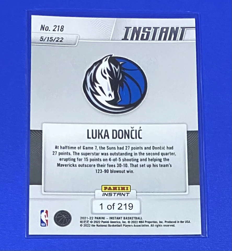 2021-22 Panini Instant Luka Doncic NBA PLAYOFFS 1/219 SP Dallas Mavericks #218 - Image 2 of 2