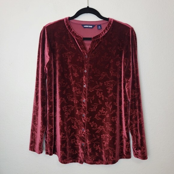 Lands' End Sz Medium Red Velvet Burnout Embossed Button Down Top Holiday Dressy