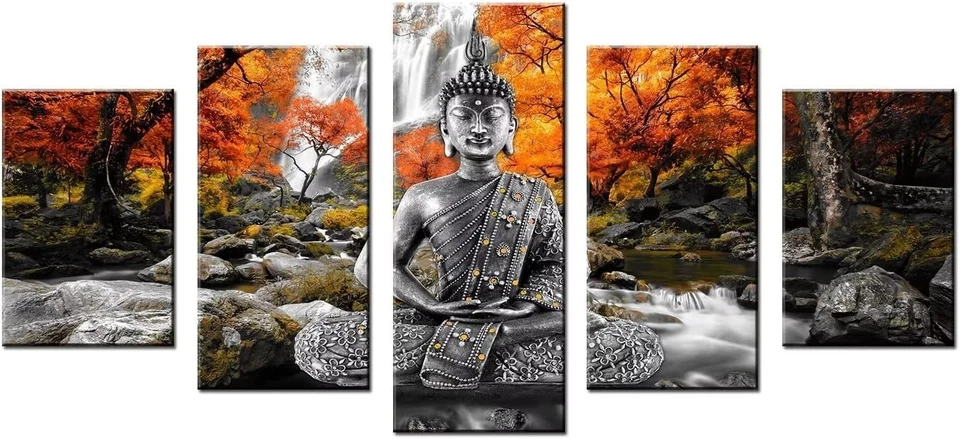 Arte de pared de Buda enmarcado de 5 paneles - Decoración de paisaje Zen 40"x20" Foto 4 de 4