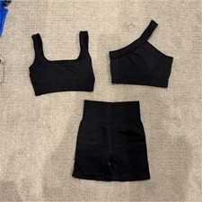 Black 3 Piece Athletic Outfit Set with Bra and Shorts, Stretch Knit Sleeveless