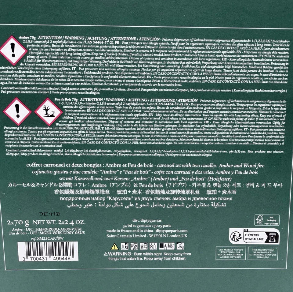 NUEVO JUEGO CARRUSEL DIPTYQUE VELAS AMBRE Y FEU DE BOIS 70g EDICIÓN FESTIVA Foto 4 de 4