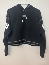 Puma Women  s Cropped Black Pullover Hoodie Graphic Logo Size Small