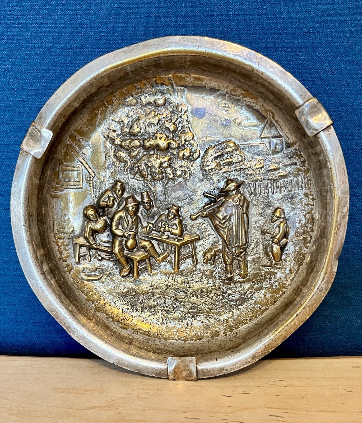 Hans Jensen Silver Plated Ashtray Danish Repoussé Tavern Scene 19cm Vintage image 3