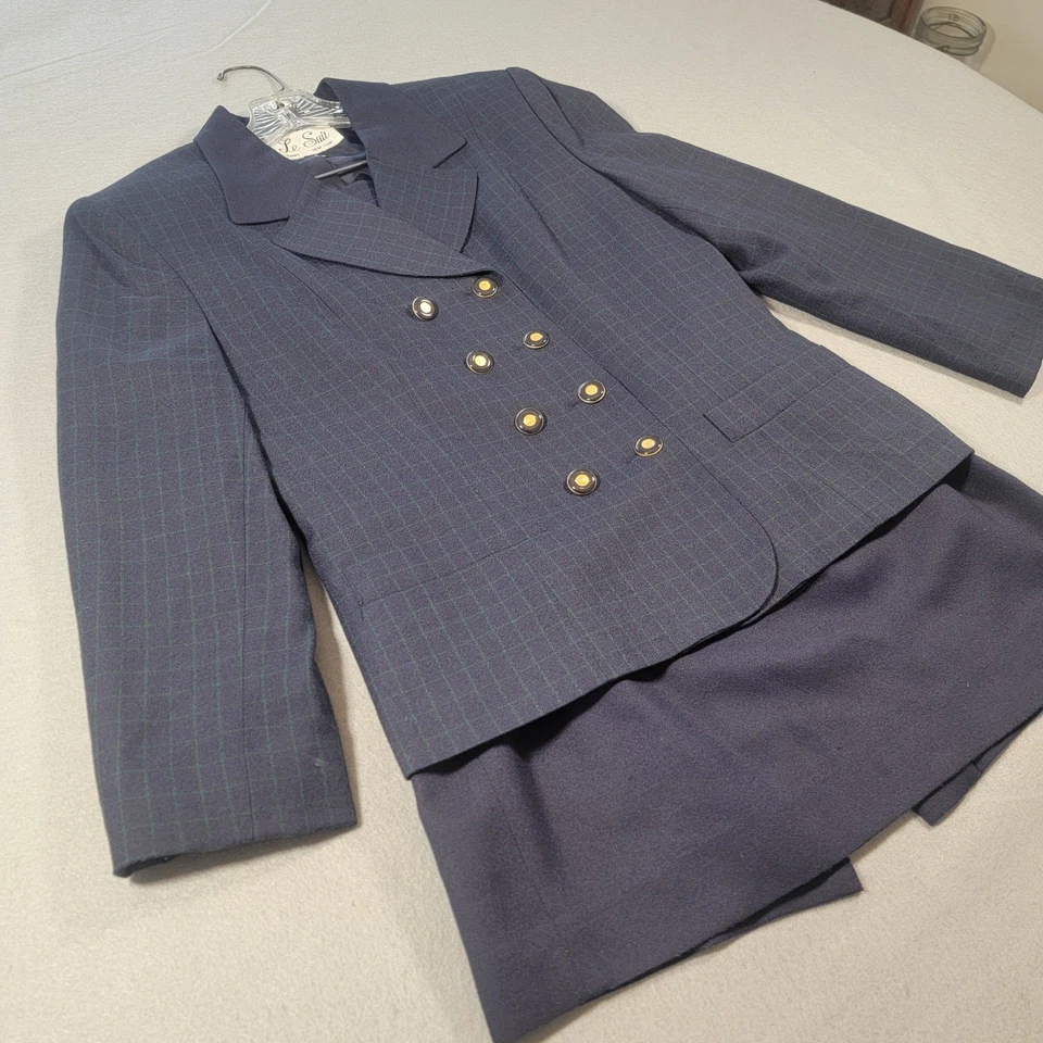 Conjunto de traje falda vintage Le Suit para mujer talla 8 azul a cuadros blazer y falda carrera Foto 2 de 4