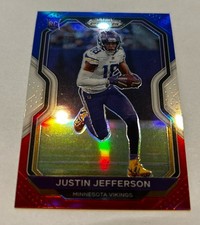 Panini 2020 Prizm Justin Jefferson #398 Vikings Red White & Blue Rookie Card. rookie card picture