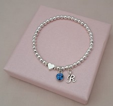 Personalised Initial Birthstone Heart Bracelet Silver Bead Gift Women Her