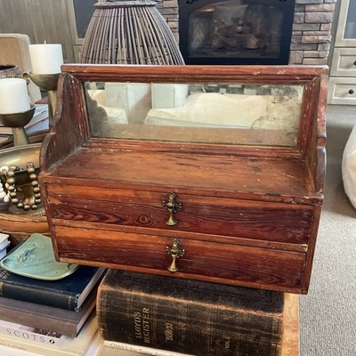 Antique Wooden Vanity Tabletop Mirror and 2 Drawers Victorian Jewelry Box