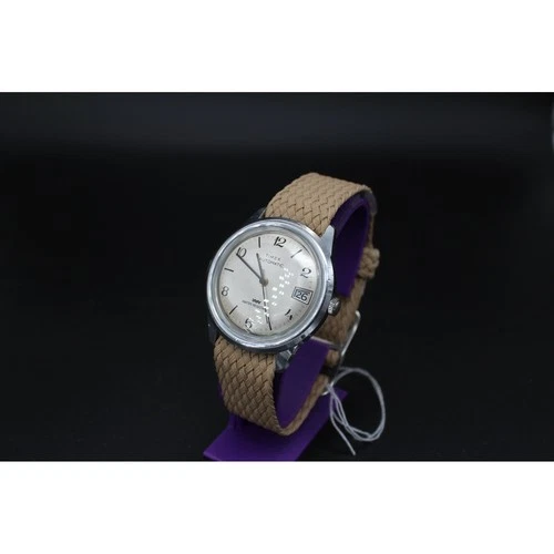 Vintage 1988 Timex Automatic Mens Watch Silver Dial Date Tan Strap