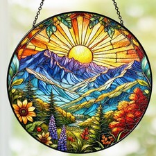 Sun Mountains Stained Glass Suncatcher Art Decor Window Hanging Natural Scenery