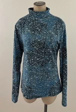 PERUVIAN CONNECTION MILLE FLEUR Sz Medium Teal T-Neck Pima Stretch Pullover Top