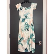 Tropical Banana Leaf Print Off Shoulder Midi Dress White Green Peach Medium