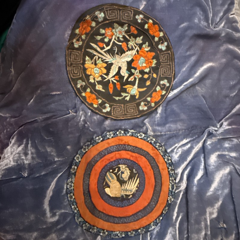 2 Antique Qing Dynasty Chinese Silk Hand Stitched Embroidered Rank Badge Panels