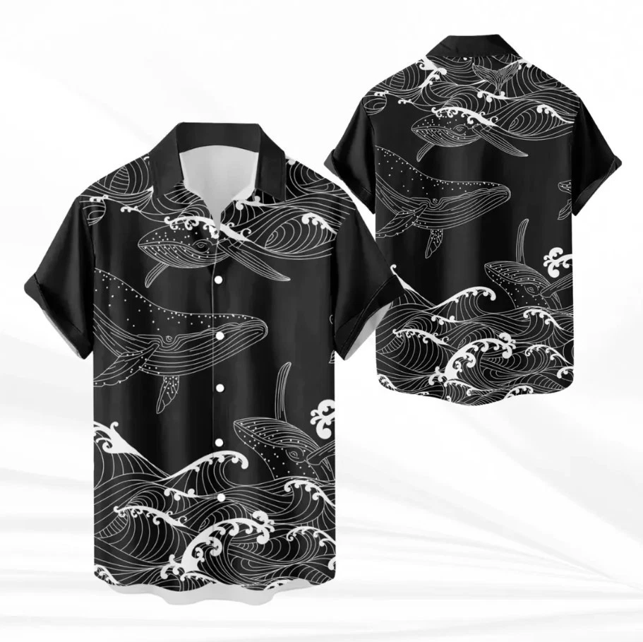 Black Whale Wave Hawaiian Shirt, Ocean Sea Life Button Up, Minimalist Line Art A