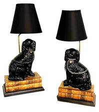 Jackfield  Staffordshire Black Spaniel Dog Lamps Pair Antique 1860's English