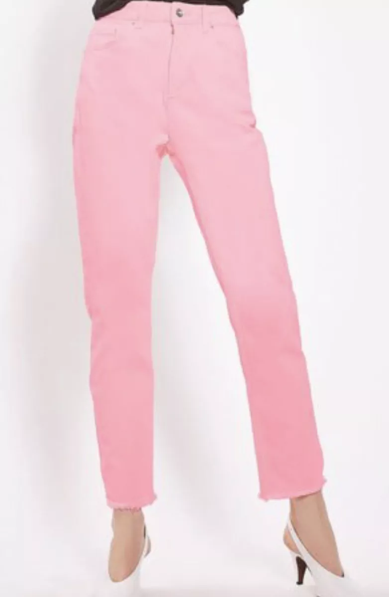 Topshop Moto Jeans Neon Pink Raw Hem Frayed Straight Leg High Waist Sz 4 26x30