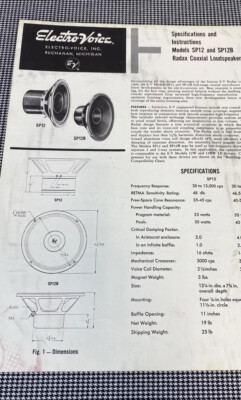 ELECTRO-VOICE ELECTROVOICE SP12 SP12B ORIGINAL LOUDSPEAKERS SPEC SHEET M108y