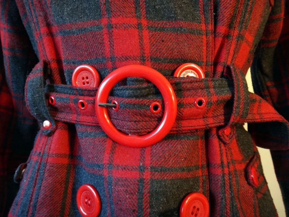 Chaquetón a cuadros de caza tartán rojo a cuadros capucha pequeña gris mezcla de lana punk joujou Foto 2 de 4