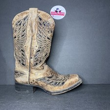 Corral Teens Brown Leather Square Toe Boots Wings - Sz 3.5