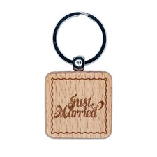 Just Married Elegant Text Engraved Wood Square Keychain Tag Charm