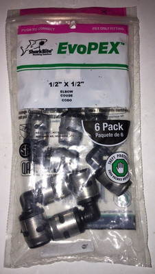 Brand new 6 pack of SharkBite EvoPEX 1/2'' x 1/2'' elbows