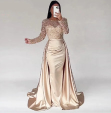 Elegant Champagne Evening Dress O Neck Long Sleeves Beads Sequin Satin Women