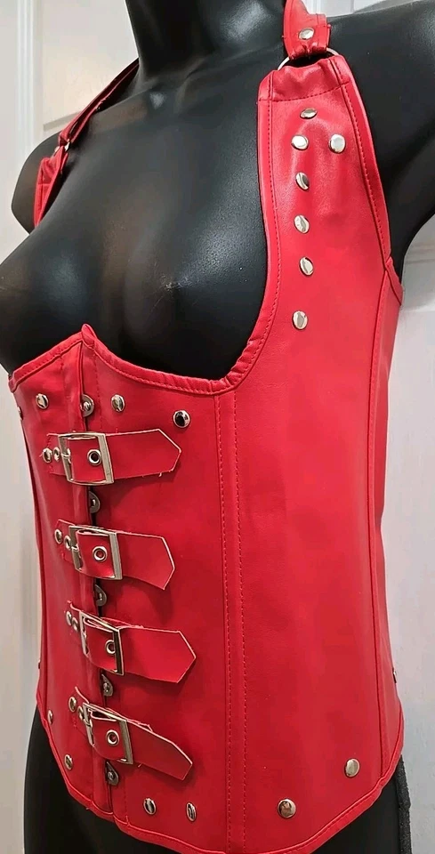 红色人造皮革紧身胸衣蒸汽朋克耳钉和哥特式扣闭合系带 2XL — 第 4/4 张图片