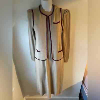 St. John two piece dress Tan Burgundy Luxury Modest Vintage Knit Sm-M -J