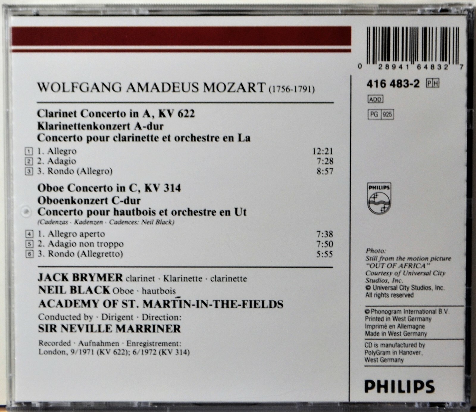 CD Mozart Concerto KV 622 Oboe KV 314 Marriner West Germany