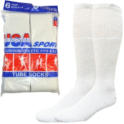 6 Paris Men's White Cotton Athletic Sports Tube Socks 30'' Size 13-16 Big & Tall