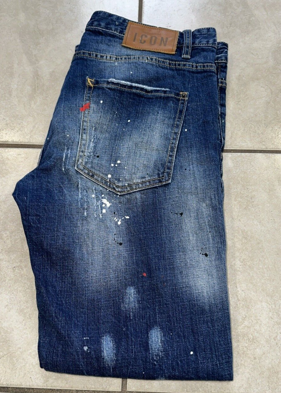 Dsquared2 ICON SLIM JEAN DISTRESSED MED WASH PAINT SPLATTER BUTTONFLY IT Sz 52 image 2