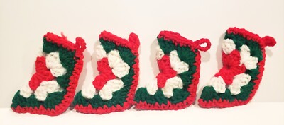 Vintage Christmas Ornaments Crocheted Mini Yarn Stockings (4) Granny Square 4''