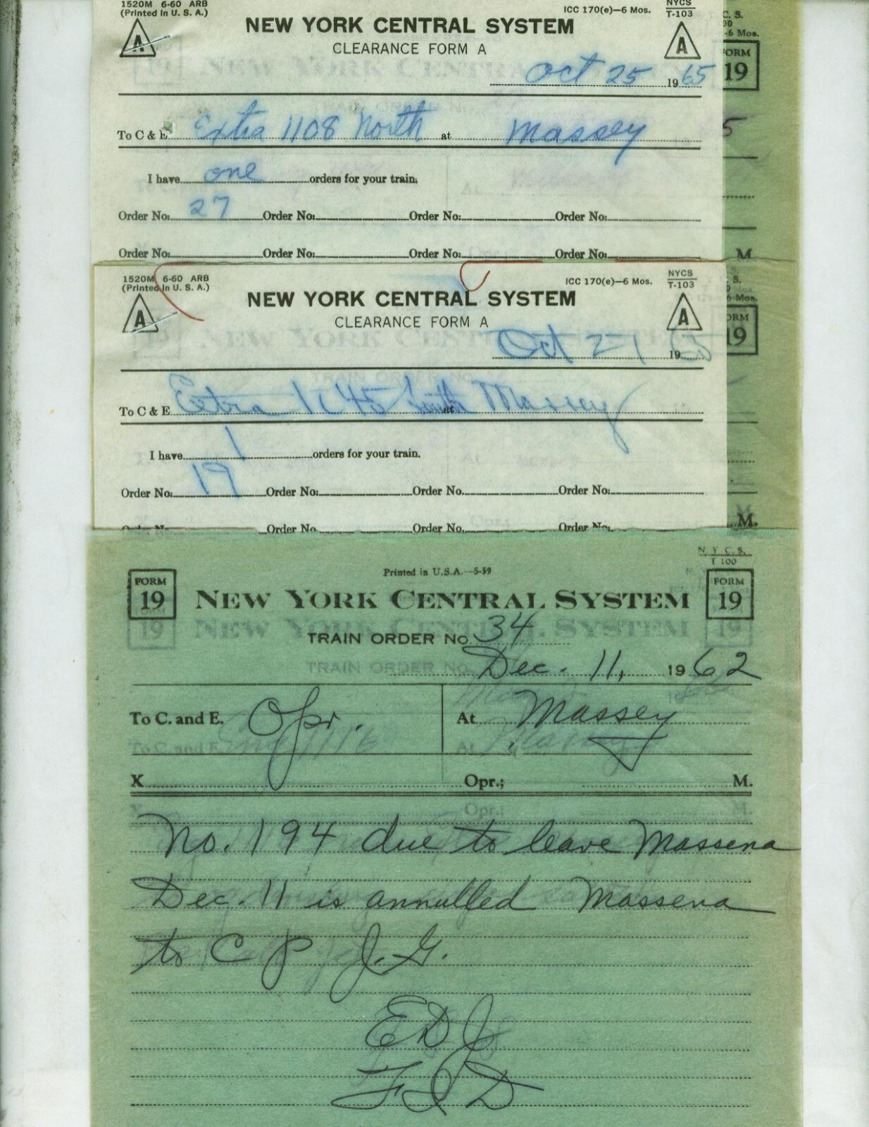 NEW YORK CENTRAL SYSTEM NYC TRAIN ORDERS (16) MASSEY (WATERTOWN) N.Y