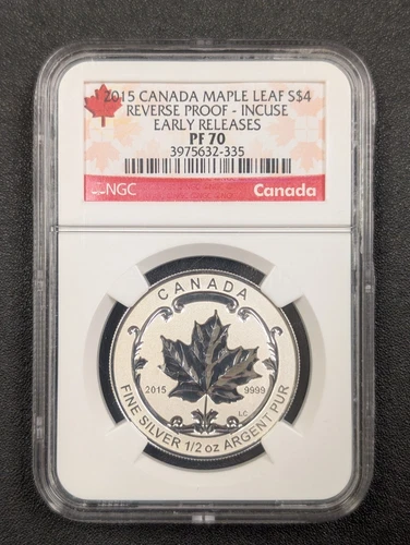 2015 $4 REVERSE PROOF Canada MAPLE LEAF INCUSE NGC PF70 ER 1/2 oz Silver