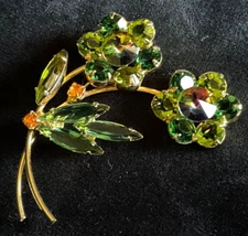 D&E Juliana Stemmed 2 Flower Watermelon Rivoli Olivine AB Rhinestone Brooch. 2”