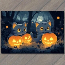 Art Print Halloween Black Cats Pumpkin Full Moon Cute Fun Fall Spooky Adorable