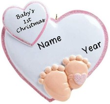 Personalized Baby Feet in Heart Pink BABY'S FIRST CHRISTMAS Tree Ornament