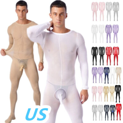 US Men's One Piece Sheer Bodysuit Jumpsuit Footed Pantyhose Full Body Stocking