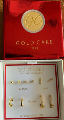 GOLD CAKE delicate collection Huggies studs set 5 earrings Gold Silver CZ NIB