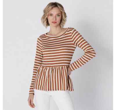 Diane Gilman Bateau Neck Peplum Top, Camel/Ivory, 1X